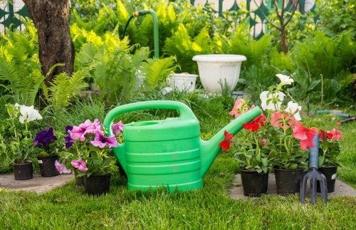 A garden scene featuring a well-maintained lawn with lush, green grass in the foreground. Several potted plants with vibrant pink, purple, and white flowers are arranged along the edge of the grassy area. A large green plastic watering can is situated among the plants, with a red nozzle attached. In the background, there are mature trees and a dense variety of leafy shrubs, providing a natural, shaded backdrop. The garden appears to be part of a landscaped outdoor space likely maintained by professional gardening services, with natural sunlight illuminating the scene and a slightly overcast sky casting soft shadows. The environment suggests a peaceful, residential garden area in Plaistow, suitable for outdoor activities and plant care, with the presence of garden tools indicating ongoing or recent gardening work by landscapers.