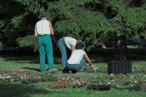 The image depicts three individuals working together in a garden located in Plaistow, Engaging in gardening activities such as planting or tending to flower beds. The garden features a lush green lawn with densely planted flower borders containing a variety of colorful flowers and greenery. Behind the workers, there are large, mature trees providing shade and a natural backdrop to the landscaped outdoor space, which appears well-maintained. The workers are dressed in casual clothing suitable for outdoor gardening, with one person bent over actively tending the soil, while the other two stand or crouch nearby, assisting. The environment is bright, suggesting daytime with natural sunlight illuminating the garden. The scene aligns with landscaping and gardening services provided by Landscapers Plaistow, illustrating outdoor garden care and flower bed creation typical of residential or community gardens in the local area.
