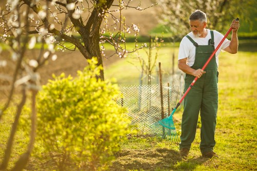 A man in gardening overalls is working in a spacious backyard garden in Plaistow, with a rake in hand, tending to soil near a small tree with pink blossoms. The garden features a well-maintained lawn with lush green grass, bordered by vibrant shrubbery and flowering plants. In the background, there is a wire fence and mature trees providing shade, with sunlight filtering through the branches, indicating a clear, sunny day. The scene captures outdoor maintenance and garden care activities, aligning with professional landscaping services offered by Landscapers Plaistow, particularly in gardening and lawn management, suitable for a residential setting in the postcode district PS10 area.